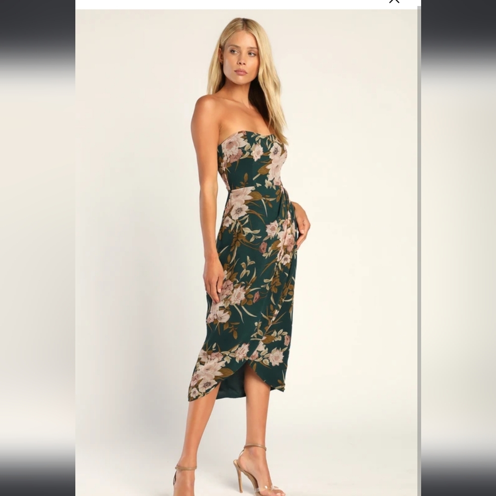 Effortless Charm Hunter Green Floral Strapless Tulip Midi Dress
